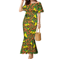 New Zealand Kowhai Flowers Family Matching Mermaid Dress and Hawaiian Shirt Maori Koru Pattern LT03 Mom's Dress Orange - Polynesian Pride