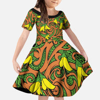 New Zealand Kowhai Flowers Family Matching Off The Shoulder Long Sleeve Dress and Hawaiian Shirt Maori Koru Pattern LT03 Daughter's Dress Orange - Polynesian Pride