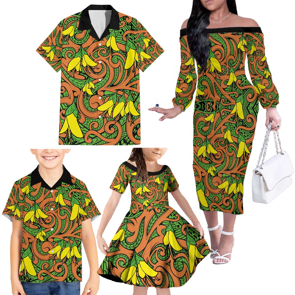 New Zealand Kowhai Flowers Family Matching Off The Shoulder Long Sleeve Dress and Hawaiian Shirt Maori Koru Pattern LT03 - Polynesian Pride