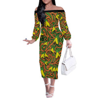 New Zealand Kowhai Flowers Family Matching Off The Shoulder Long Sleeve Dress and Hawaiian Shirt Maori Koru Pattern LT03 Mom's Dress Orange - Polynesian Pride