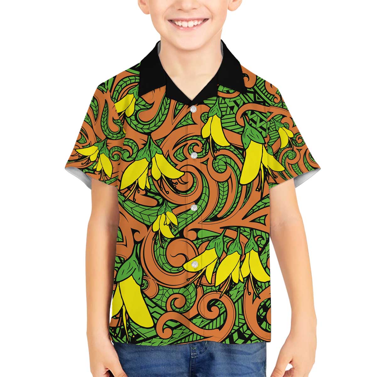 New Zealand Kowhai Flowers Family Matching Off The Shoulder Long Sleeve Dress and Hawaiian Shirt Maori Koru Pattern LT03 Son's Shirt Orange - Polynesian Pride