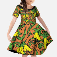 New Zealand Kowhai Flowers Family Matching Off Shoulder Maxi Dress and Hawaiian Shirt Maori Koru Pattern LT03 Daughter's Dress Orange - Polynesian Pride