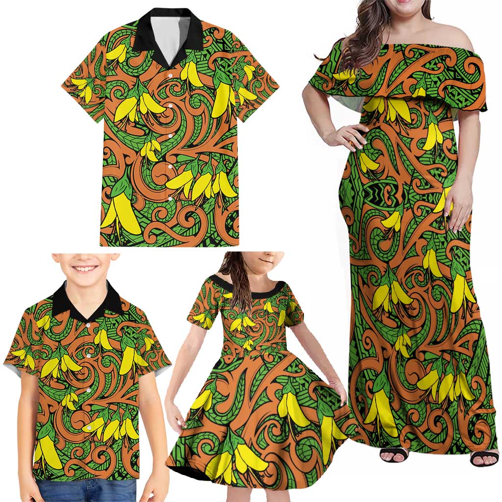 New Zealand Kowhai Flowers Family Matching Off Shoulder Maxi Dress and Hawaiian Shirt Maori Koru Pattern LT03 - Polynesian Pride