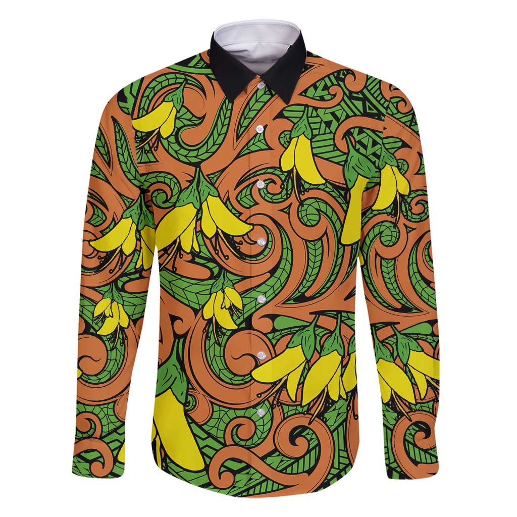 New Zealand Kowhai Flowers Family Matching Off Shoulder Maxi Dress and Hawaiian Shirt Maori Koru Pattern LT03 Dad's Shirt - Long Sleeve Orange - Polynesian Pride