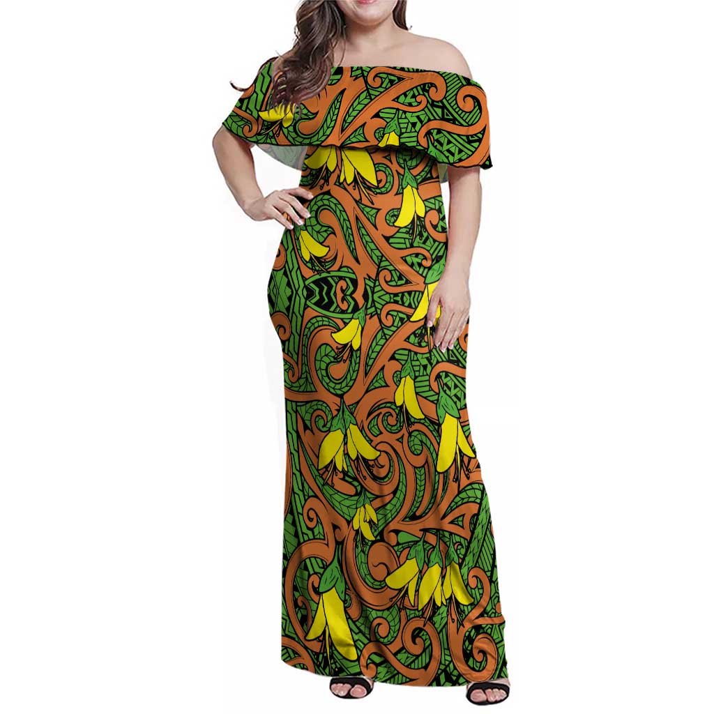 New Zealand Kowhai Flowers Family Matching Off Shoulder Maxi Dress and Hawaiian Shirt Maori Koru Pattern LT03 Mom's Dress Orange - Polynesian Pride