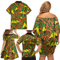 New Zealand Kowhai Flowers Family Matching Off Shoulder Short Dress and Hawaiian Shirt Maori Koru Pattern LT03 - Polynesian Pride