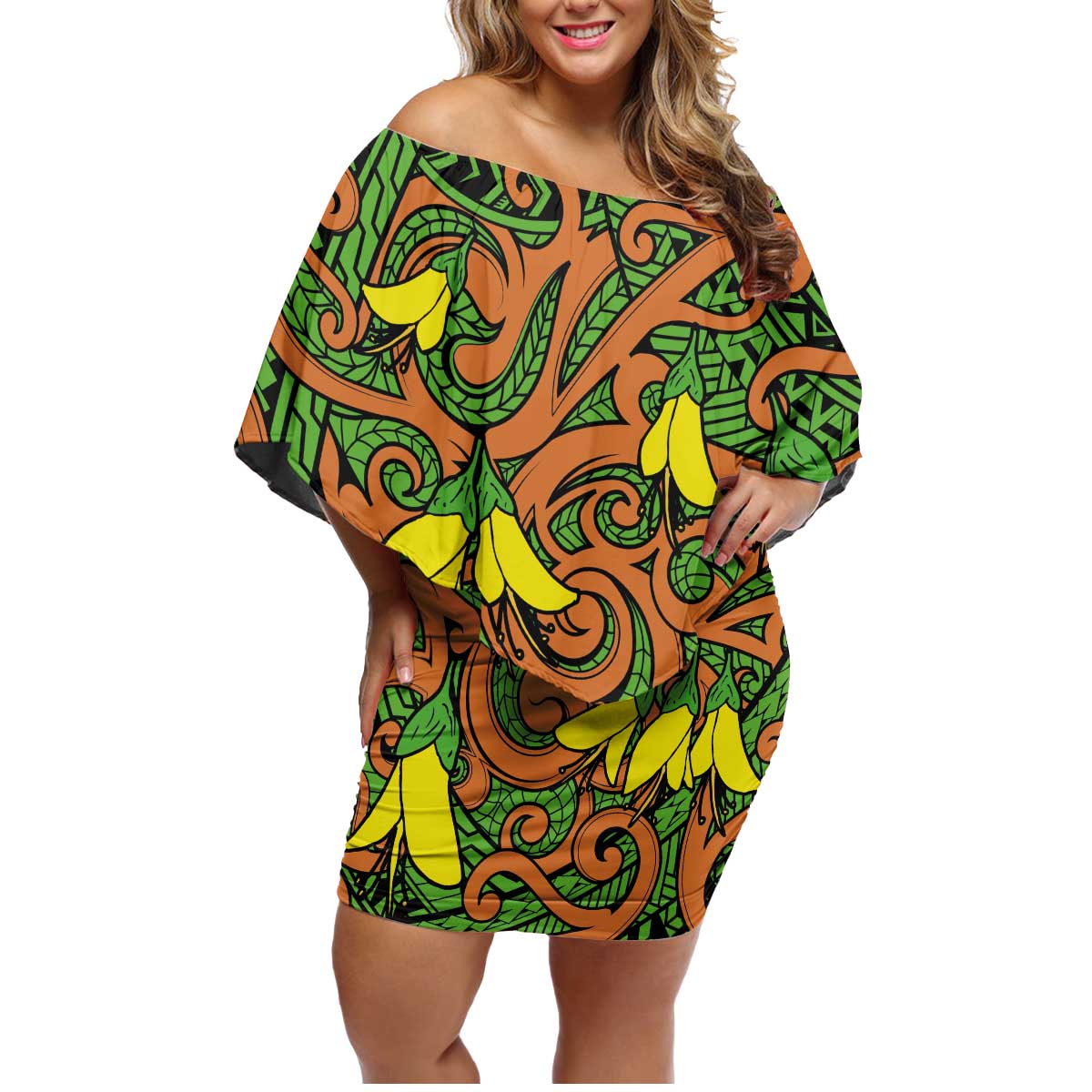 New Zealand Kowhai Flowers Family Matching Off Shoulder Short Dress and Hawaiian Shirt Maori Koru Pattern LT03 Mom's Dress Orange - Polynesian Pride
