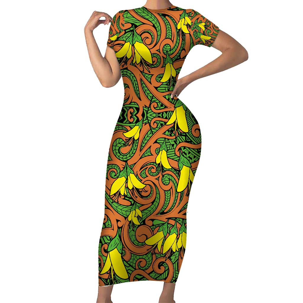 New Zealand Kowhai Flowers Family Matching Short Sleeve Bodycon Dress and Hawaiian Shirt Maori Koru Pattern LT03 Mom's Dress Orange - Polynesian Pride