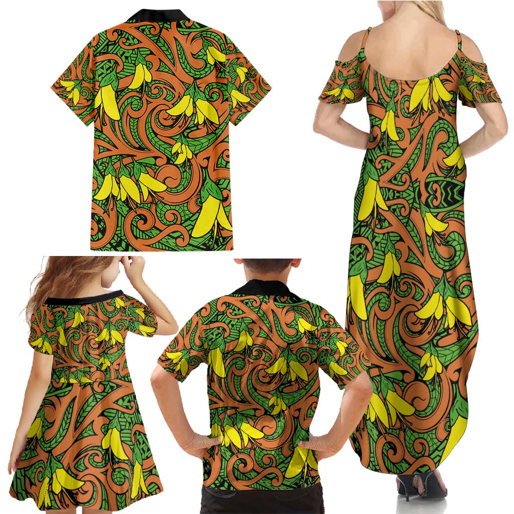 New Zealand Kowhai Flowers Family Matching Summer Maxi Dress and Hawaiian Shirt Maori Koru Pattern LT03 - Polynesian Pride