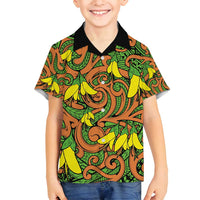 New Zealand Kowhai Flowers Family Matching Tank Maxi Dress and Hawaiian Shirt Maori Koru Pattern LT03 Son's Shirt Orange - Polynesian Pride