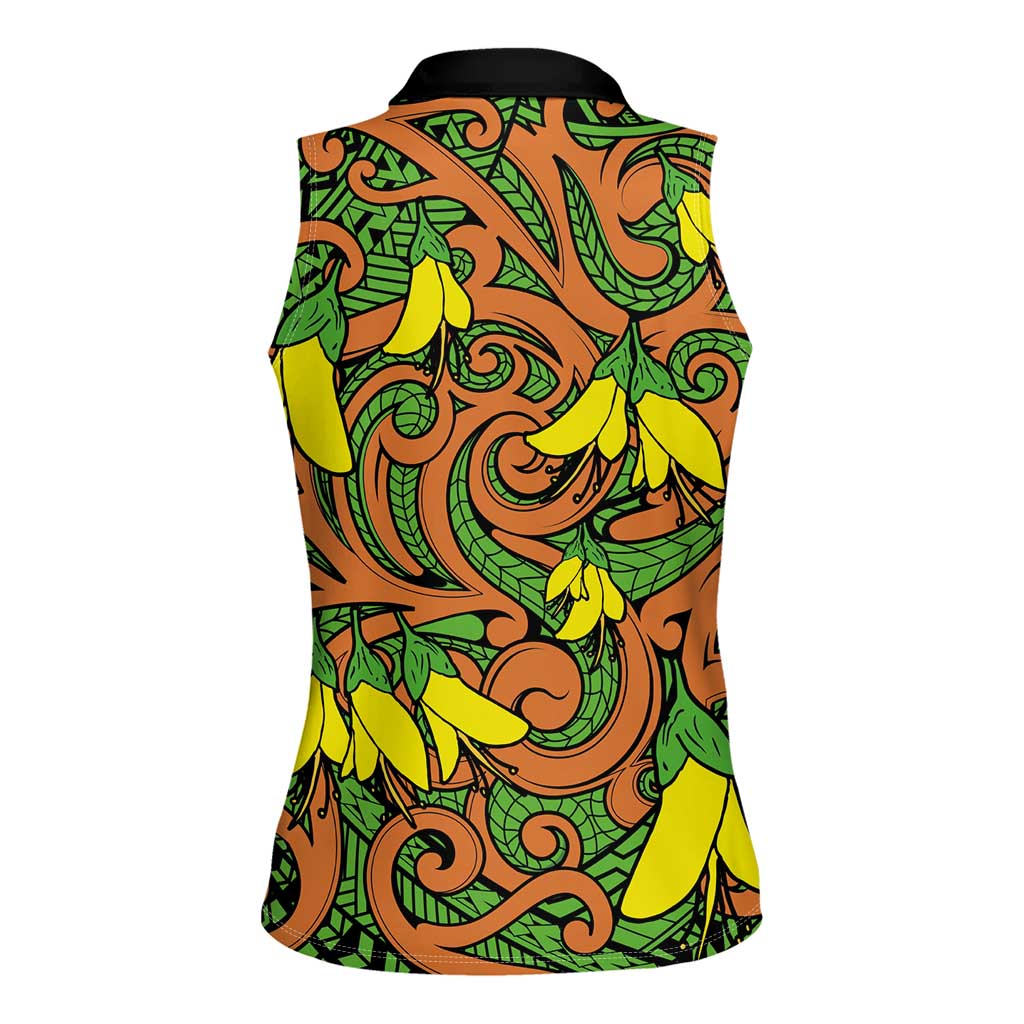 New Zealand Kowhai Flowers Women Sleeveless Polo Shirt Maori Koru Pattern