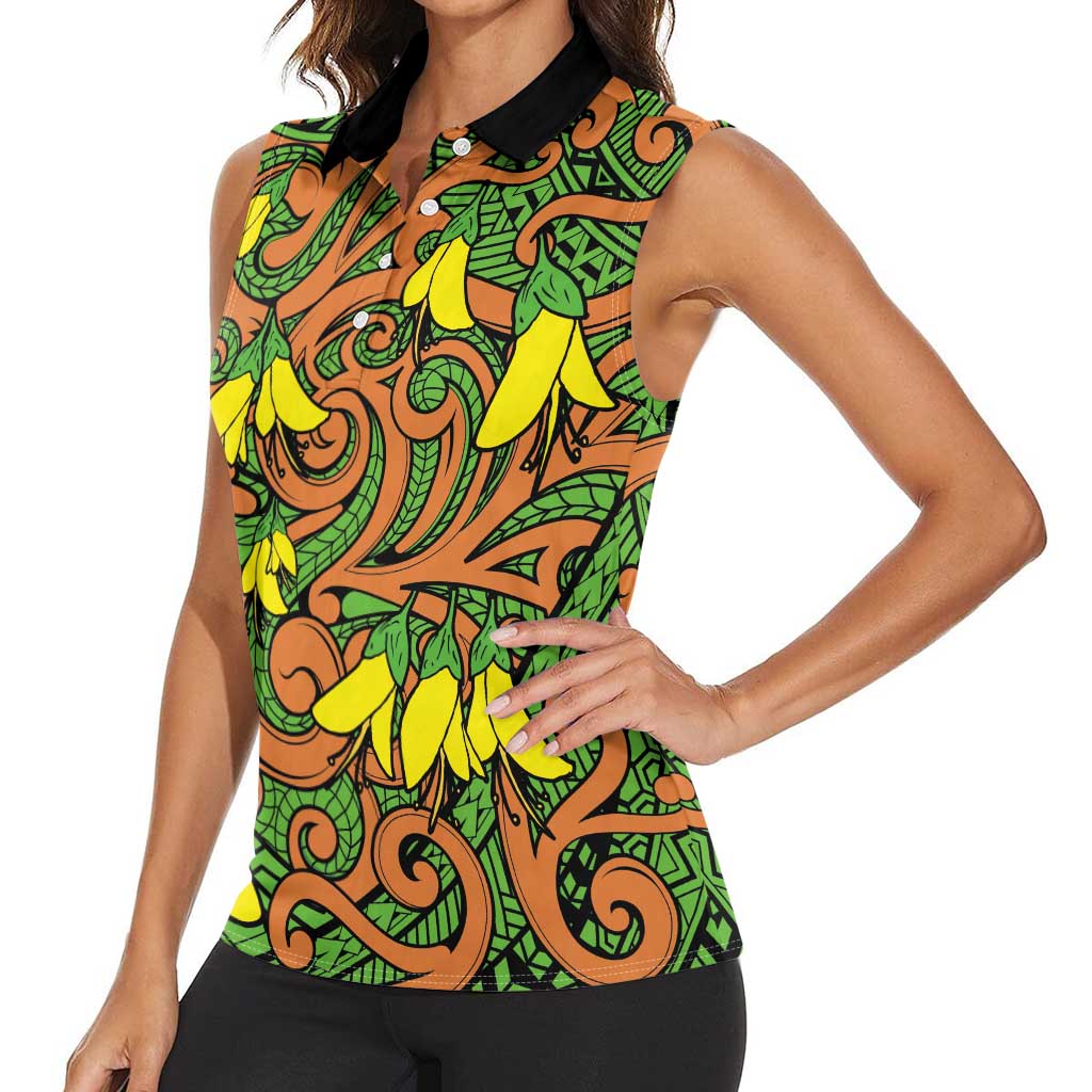 New Zealand Kowhai Flowers Women Sleeveless Polo Shirt Maori Koru Pattern