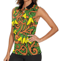 New Zealand Kowhai Flowers Women Sleeveless Polo Shirt Maori Koru Pattern