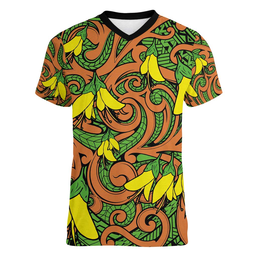 New Zealand Kowhai Flowers Women V-Neck T-Shirt Maori Koru Pattern