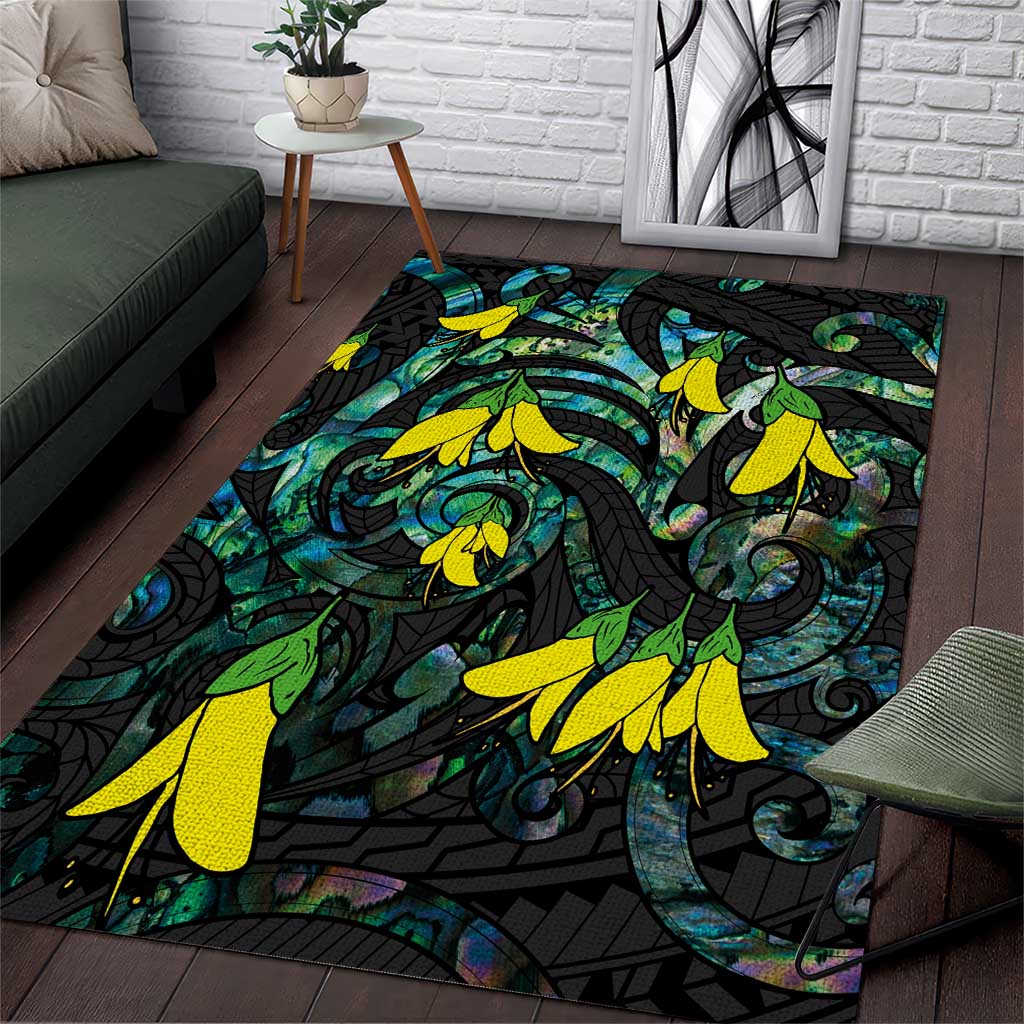 New Zealand Kowhai Flowers Area Rug Maori Koru Pattern With Paua Shell Style LT03 Black - Polynesian Pride