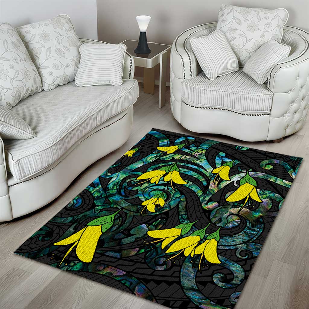 New Zealand Kowhai Flowers Area Rug Maori Koru Pattern With Paua Shell Style LT03 - Polynesian Pride