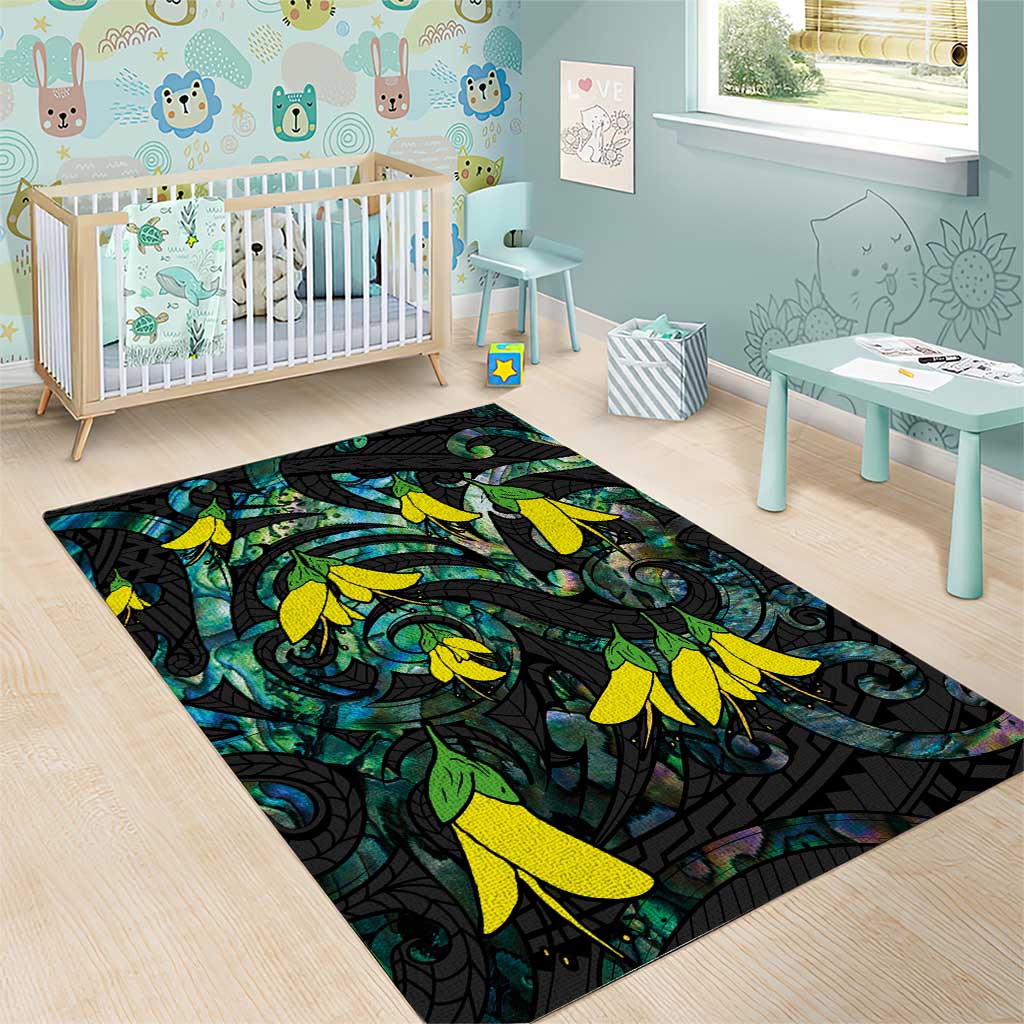New Zealand Kowhai Flowers Area Rug Maori Koru Pattern With Paua Shell Style LT03 - Polynesian Pride