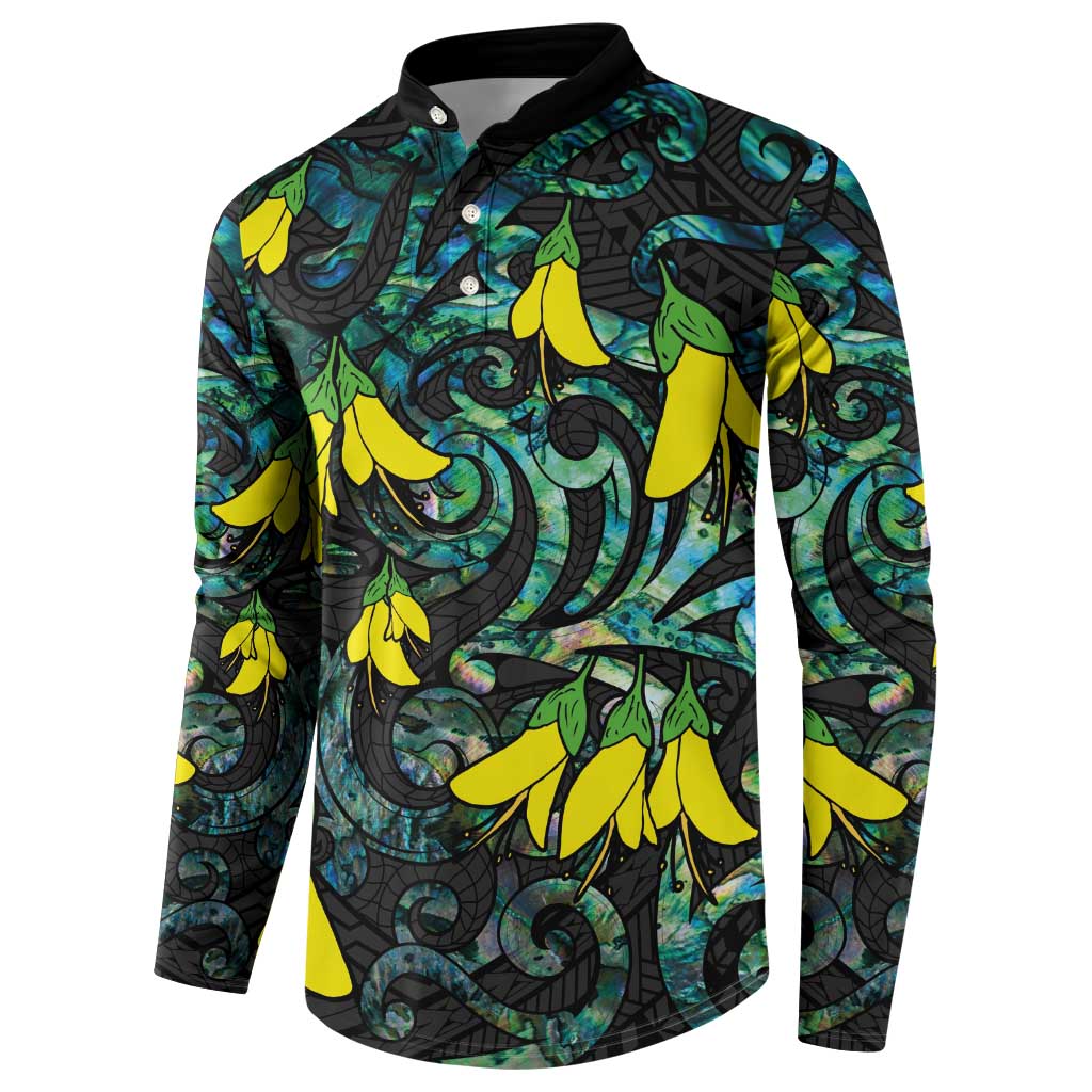 New Zealand Kowhai Flowers Button Sweatshirt Maori Koru Pattern With Paua Shell Style