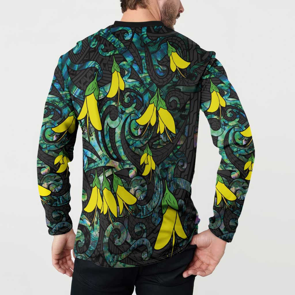 New Zealand Kowhai Flowers Button Sweatshirt Maori Koru Pattern With Paua Shell Style