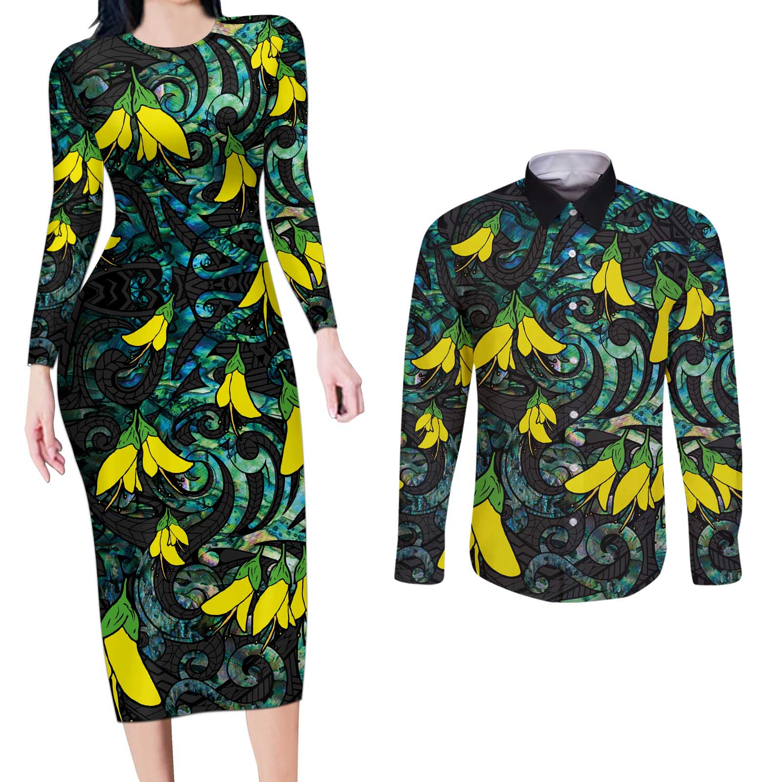 New Zealand Kowhai Flowers Couples Matching Long Sleeve Bodycon Dress and Long Sleeve Button Shirt Maori Koru Pattern With Paua Shell Style