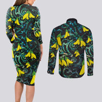 New Zealand Kowhai Flowers Couples Matching Long Sleeve Bodycon Dress and Long Sleeve Button Shirt Maori Koru Pattern With Paua Shell Style
