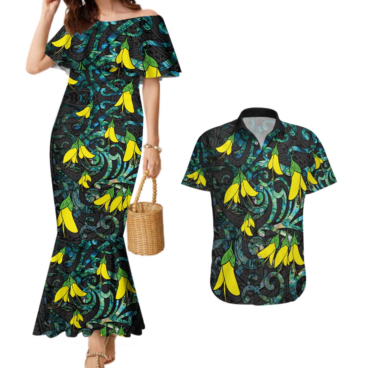 New Zealand Kowhai Flowers Couples Matching Mermaid Dress and Hawaiian Shirt Maori Koru Pattern With Paua Shell Style LT03 Black - Polynesian Pride