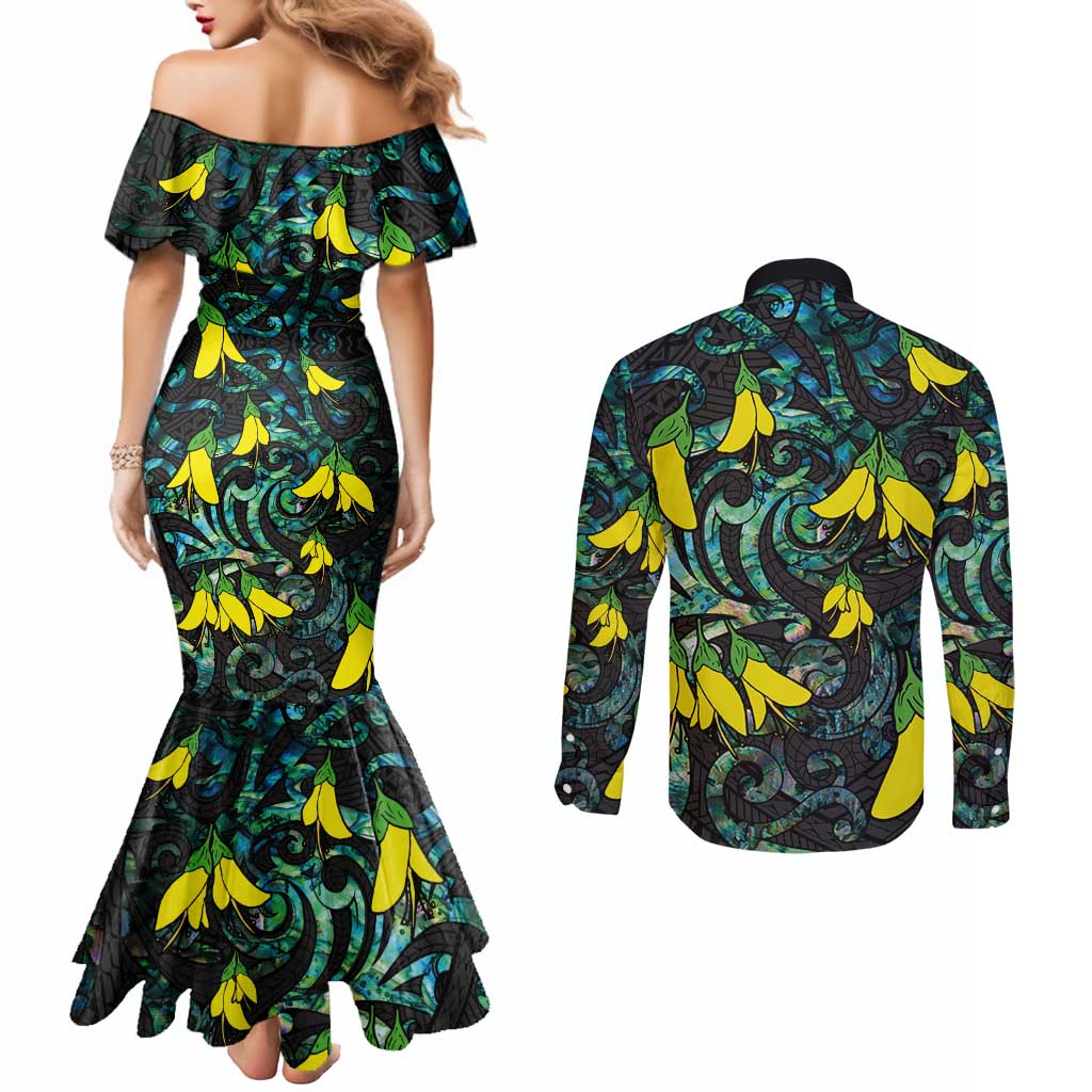 New Zealand Kowhai Flowers Couples Matching Mermaid Dress and Long Sleeve Button Shirt Maori Koru Pattern With Paua Shell Style