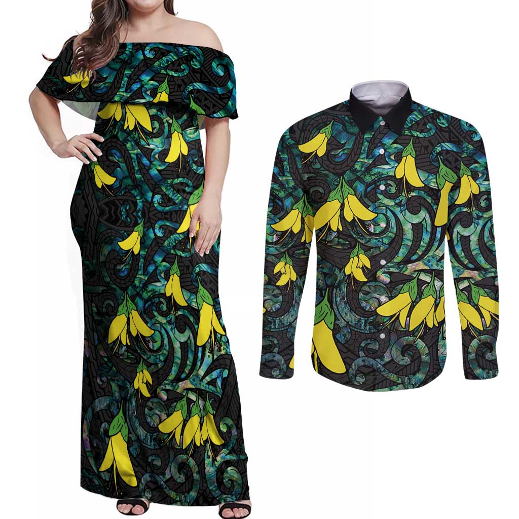 New Zealand Kowhai Flowers Couples Matching Off Shoulder Maxi Dress and Long Sleeve Button Shirt Maori Koru Pattern With Paua Shell Style
