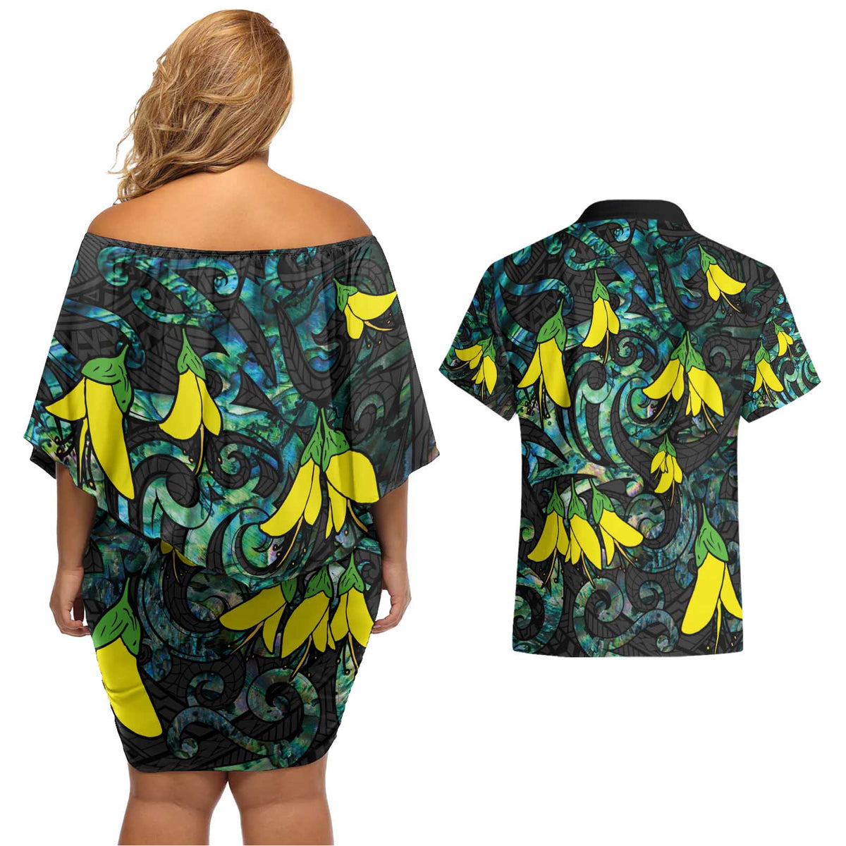 New Zealand Kowhai Flowers Couples Matching Off Shoulder Short Dress and Hawaiian Shirt Maori Koru Pattern With Paua Shell Style