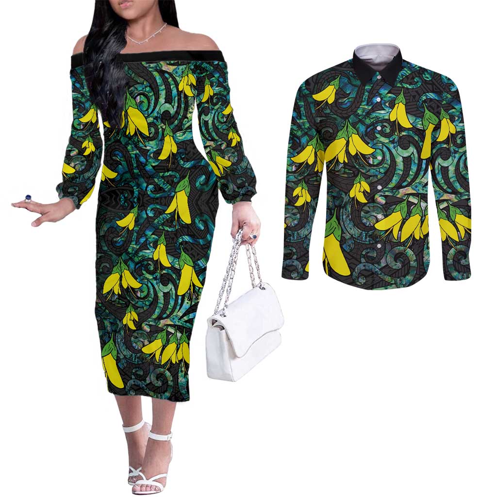 New Zealand Kowhai Flowers Couples Matching Off The Shoulder Long Sleeve Dress and Long Sleeve Button Shirt Maori Koru Pattern With Paua Shell Style
