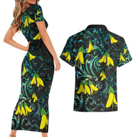 New Zealand Kowhai Flowers Couples Matching Short Sleeve Bodycon Dress and Hawaiian Shirt Maori Koru Pattern With Paua Shell Style LT03 - Polynesian Pride