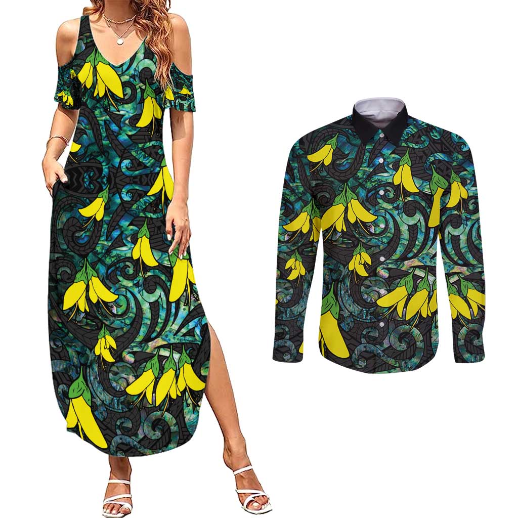 New Zealand Kowhai Flowers Couples Matching Summer Maxi Dress and Long Sleeve Button Shirt Maori Koru Pattern With Paua Shell Style