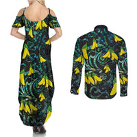 New Zealand Kowhai Flowers Couples Matching Summer Maxi Dress and Long Sleeve Button Shirt Maori Koru Pattern With Paua Shell Style