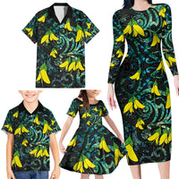 New Zealand Kowhai Flowers Family Matching Long Sleeve Bodycon Dress and Hawaiian Shirt Maori Koru Pattern With Paua Shell Style LT03 - Polynesian Pride