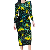 New Zealand Kowhai Flowers Family Matching Long Sleeve Bodycon Dress and Hawaiian Shirt Maori Koru Pattern With Paua Shell Style LT03 Mom's Dress Black - Polynesian Pride