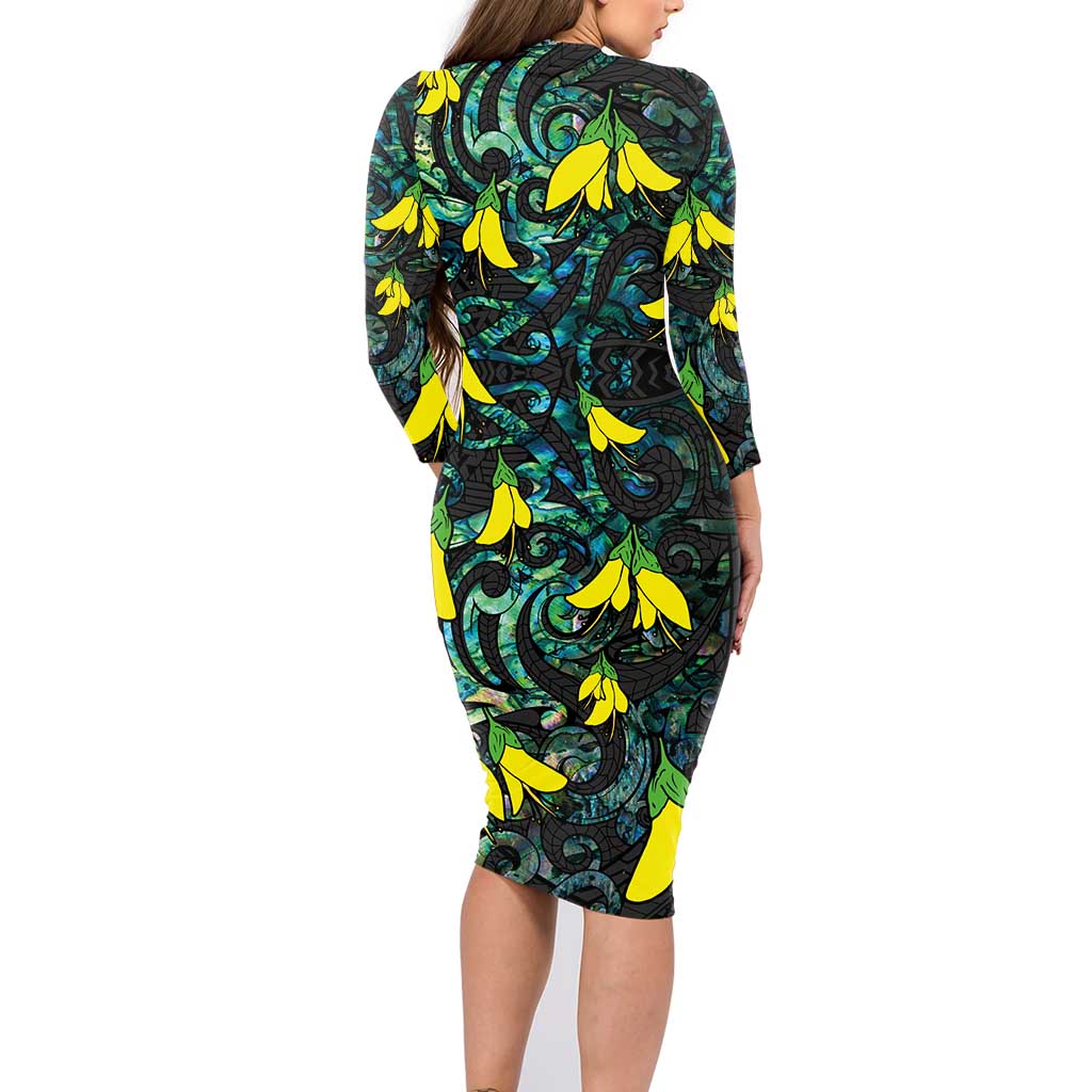 New Zealand Kowhai Flowers Family Matching Long Sleeve Bodycon Dress and Hawaiian Shirt Maori Koru Pattern With Paua Shell Style LT03 - Polynesian Pride