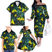 New Zealand Kowhai Flowers Family Matching Off The Shoulder Long Sleeve Dress and Hawaiian Shirt Maori Koru Pattern With Paua Shell Style LT03 - Polynesian Pride