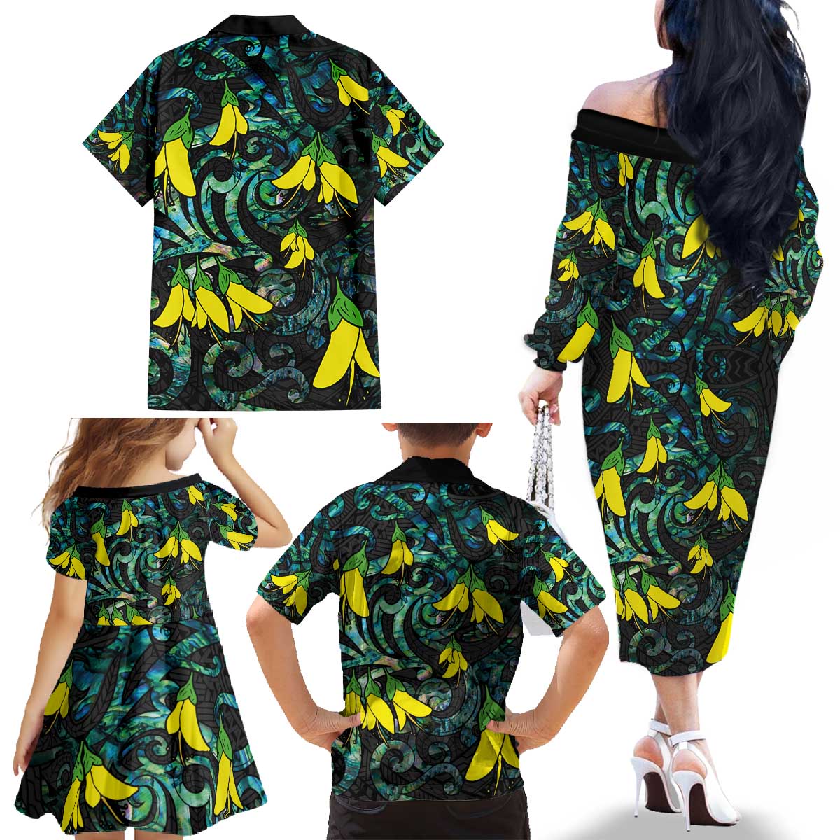 New Zealand Kowhai Flowers Family Matching Off The Shoulder Long Sleeve Dress and Hawaiian Shirt Maori Koru Pattern With Paua Shell Style LT03 - Polynesian Pride
