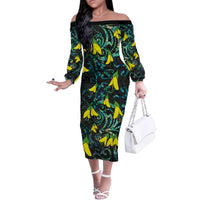 New Zealand Kowhai Flowers Family Matching Off The Shoulder Long Sleeve Dress and Hawaiian Shirt Maori Koru Pattern With Paua Shell Style LT03 Mom's Dress Black - Polynesian Pride