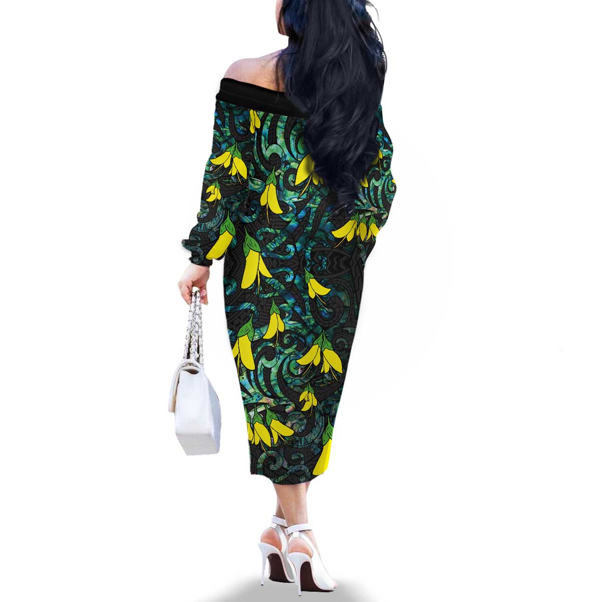 New Zealand Kowhai Flowers Family Matching Off The Shoulder Long Sleeve Dress and Hawaiian Shirt Maori Koru Pattern With Paua Shell Style LT03 - Polynesian Pride