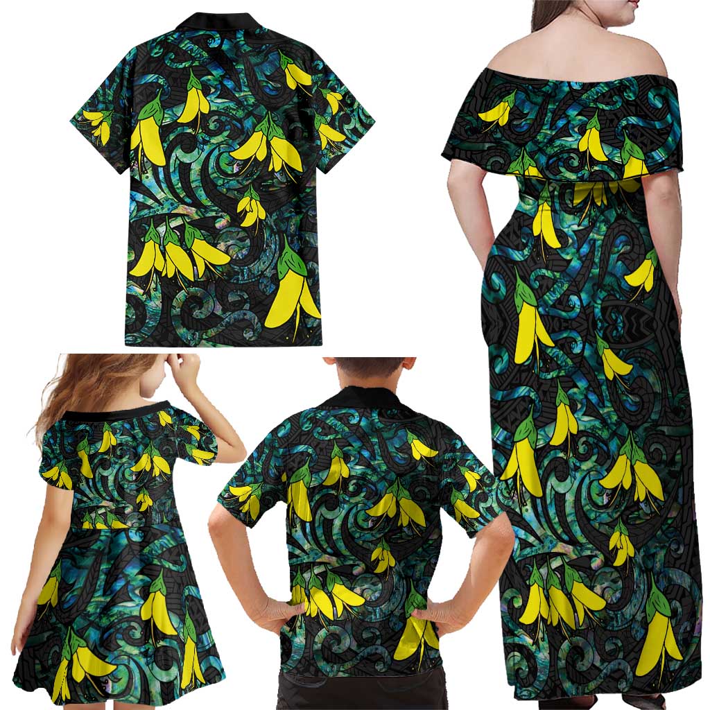 New Zealand Kowhai Flowers Family Matching Off Shoulder Maxi Dress and Hawaiian Shirt Maori Koru Pattern With Paua Shell Style LT03 - Polynesian Pride