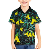 New Zealand Kowhai Flowers Family Matching Off Shoulder Maxi Dress and Hawaiian Shirt Maori Koru Pattern With Paua Shell Style LT03 Son's Shirt Black - Polynesian Pride