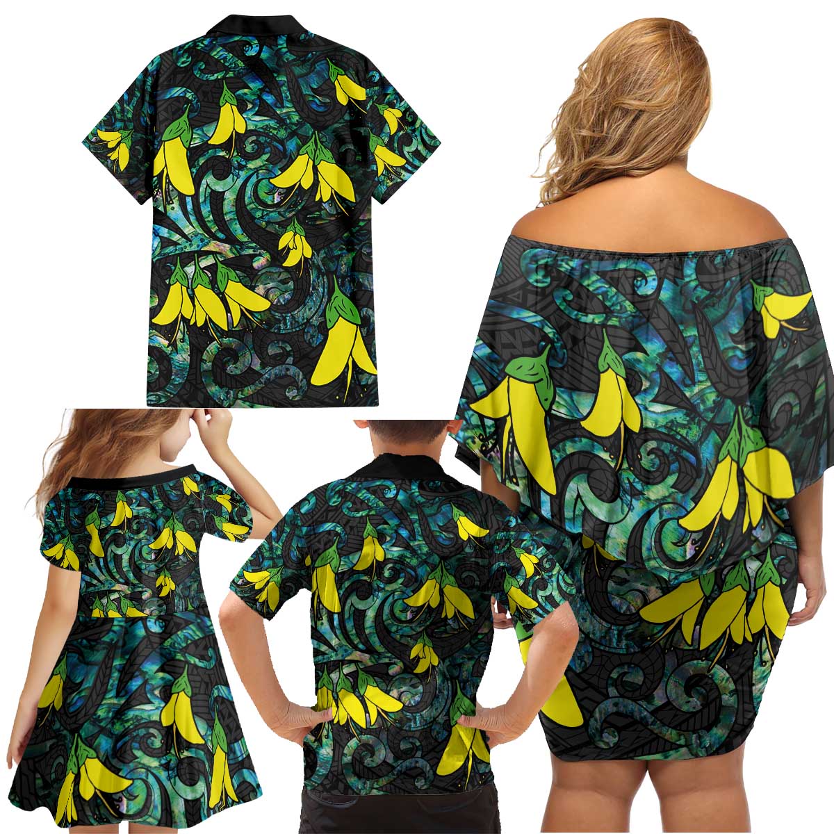New Zealand Kowhai Flowers Family Matching Off Shoulder Short Dress and Hawaiian Shirt Maori Koru Pattern With Paua Shell Style LT03 - Polynesian Pride