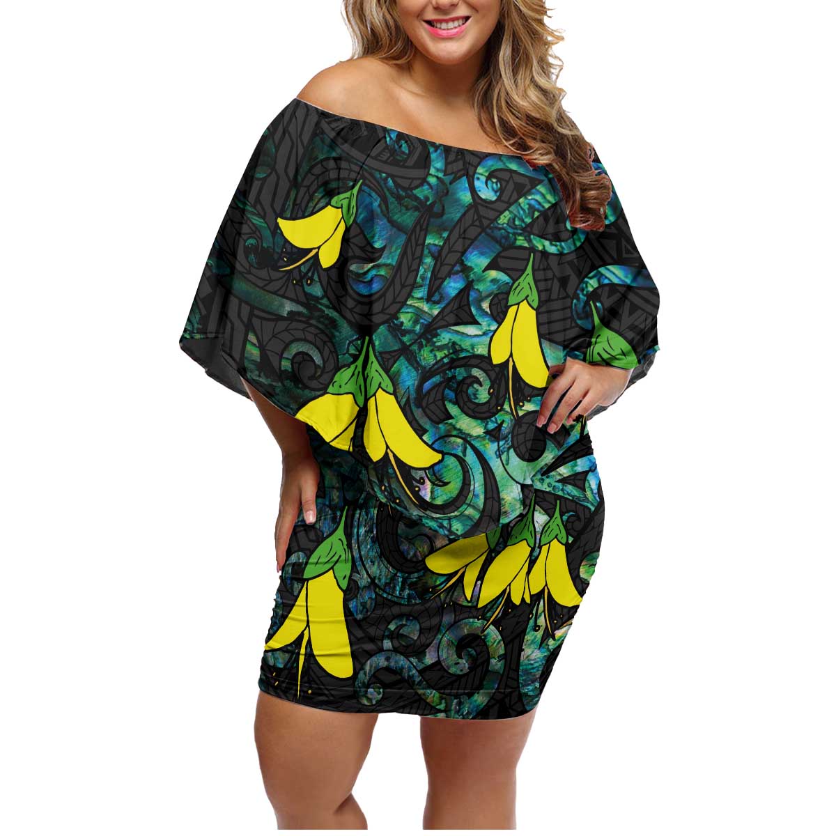New Zealand Kowhai Flowers Family Matching Off Shoulder Short Dress and Hawaiian Shirt Maori Koru Pattern With Paua Shell Style LT03 Mom's Dress Black - Polynesian Pride
