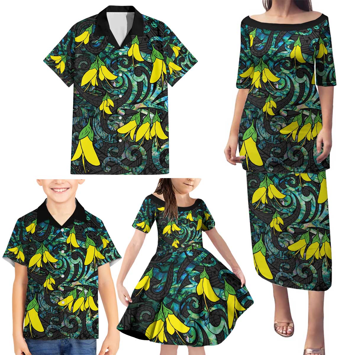 New Zealand Kowhai Flowers Family Matching Puletasi and Hawaiian Shirt Maori Koru Pattern With Paua Shell Style LT03 - Polynesian Pride