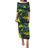 New Zealand Kowhai Flowers Family Matching Puletasi and Hawaiian Shirt Maori Koru Pattern With Paua Shell Style LT03 Mom's Dress Black - Polynesian Pride