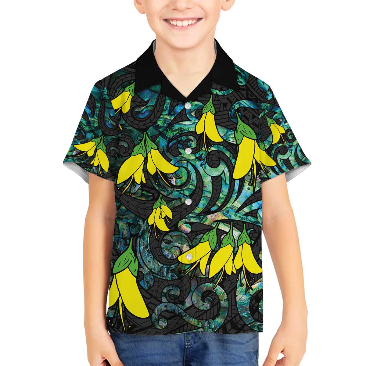 New Zealand Kowhai Flowers Family Matching Puletasi and Hawaiian Shirt Maori Koru Pattern With Paua Shell Style LT03 Son's Shirt Black - Polynesian Pride