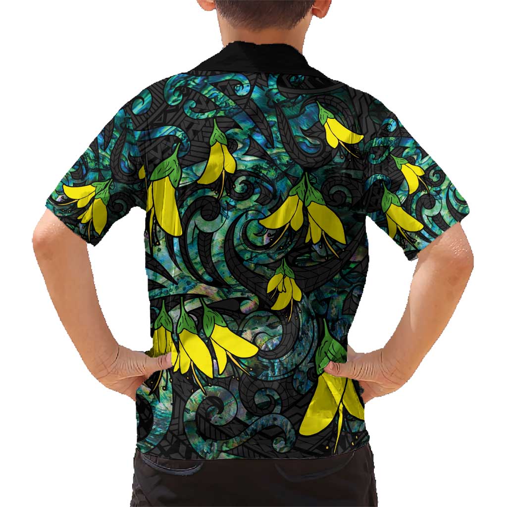 New Zealand Kowhai Flowers Family Matching Short Sleeve Bodycon Dress and Hawaiian Shirt Maori Koru Pattern With Paua Shell Style LT03 - Polynesian Pride