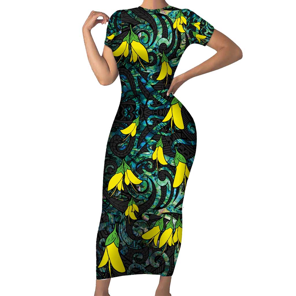 New Zealand Kowhai Flowers Family Matching Short Sleeve Bodycon Dress and Hawaiian Shirt Maori Koru Pattern With Paua Shell Style LT03 Mom's Dress Black - Polynesian Pride