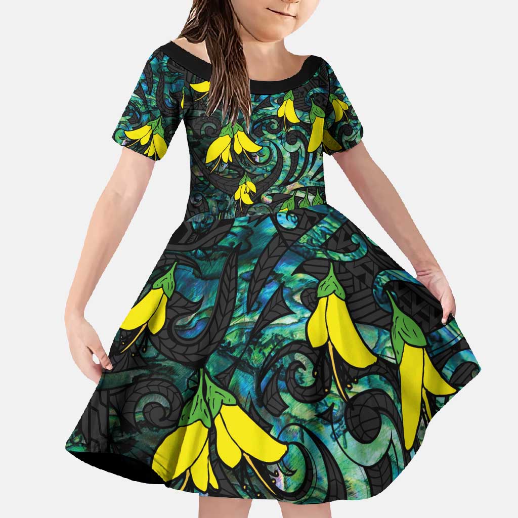 New Zealand Kowhai Flowers Family Matching Tank Maxi Dress and Hawaiian Shirt Maori Koru Pattern With Paua Shell Style LT03 Daughter's Dress Black - Polynesian Pride